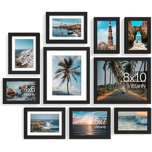 Vittanly 10 Pack Picture Frames Collage Wall Decor, Gallery Wall Frame Set for Wall or Tabletop Display, Engineered Wood and Shatter-resistant Plexiglass, Multi Sizes with 8x10, 5x7, 4x6 Frames, Black