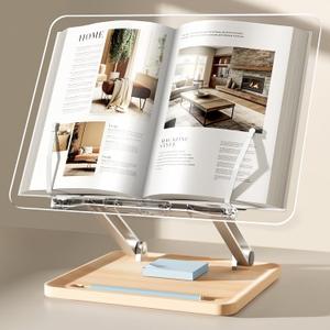 Adjustable Acrylic Book Stand for Reading, Book Holder with Pen Slot, Foldable Desktop Riser for Laptop, Recipe, Textbook - Hands-Free,Cookbook Stand, Clear Design with Page Clips (Clear Acrylic)