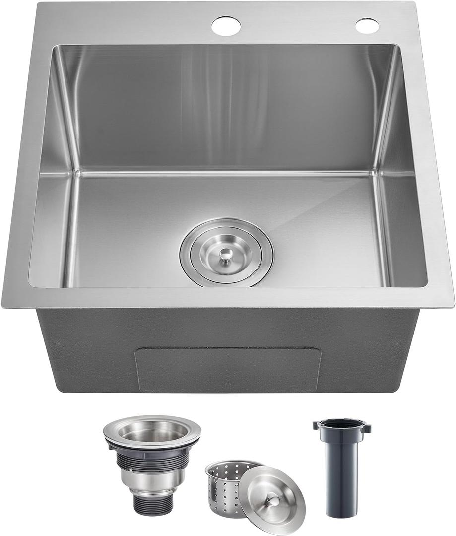POPFLY 18 Inch Drop In Kitchen Sink, 304 Stainless Steel Top mount Handmade Single Bowl Kitchen Sink 9 Inches Deep Bar Prep Sink, Brushed Nickel18189