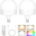 Yochoice 2-Pack E12 Rechargeable Battery Operated Light Bulb with Remote, Dimmable LED Bulb with 15 Colors Selectable & 3 Timer, Wireless Detachable Puck Light Bulb for Wall Sconce, Non-Hardwired
