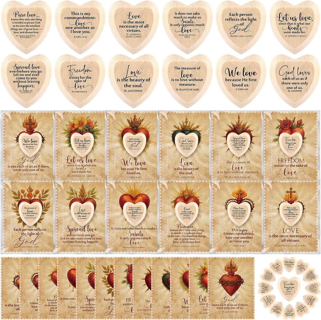 Gerrii 60 Set Easter Heart Christian Tokens Gift Jesus Love Wooden Religious Pocket Hugs Catholic Cards Bible Verse Token Bookmark for Church Friend Religious Party Goodie Bag Filler (Wood Color)