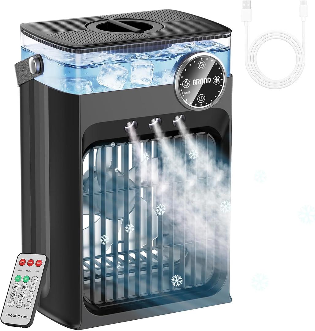 Portable Air Conditioners, 4 in 1 Evaporative Air Cooler with 1200ML Tank, Queit Cooling Fan with Remote Control, 2-8H Timer, 3 Modes & 8 LED Lights, Personal AC Unit for Bedroom, Office and Camping