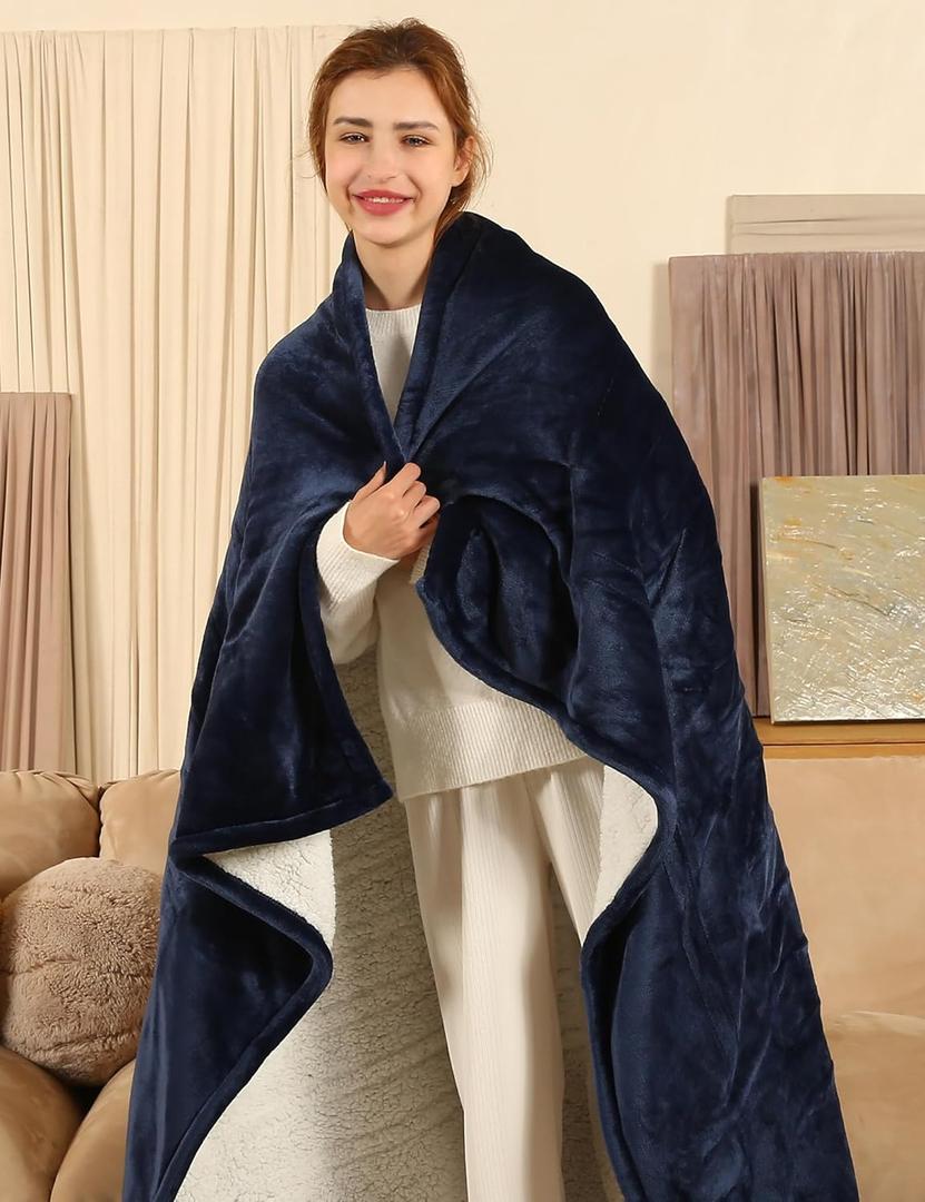 ESTINGO Heated Blanket Electric Blanket Full Size, Heating Blanket with 1-10 Hours Adjustable Timer & 6 Heating Levels, Heated Throw Blanket with Full Body Soft Sherpa, 72"x84", Navy Blue
