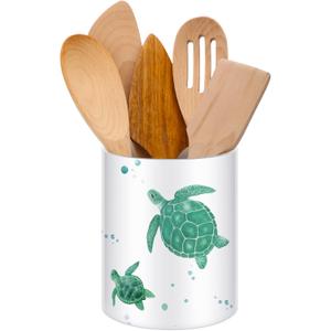 WILLBOND Sea Turtle Utensil Holder for Kitchen Counter Cute Acrylic Cooking Utensil Crock Organizer Countertop Spoon Holder Caddy Coastal Kitchen Decor Housewarming Gift