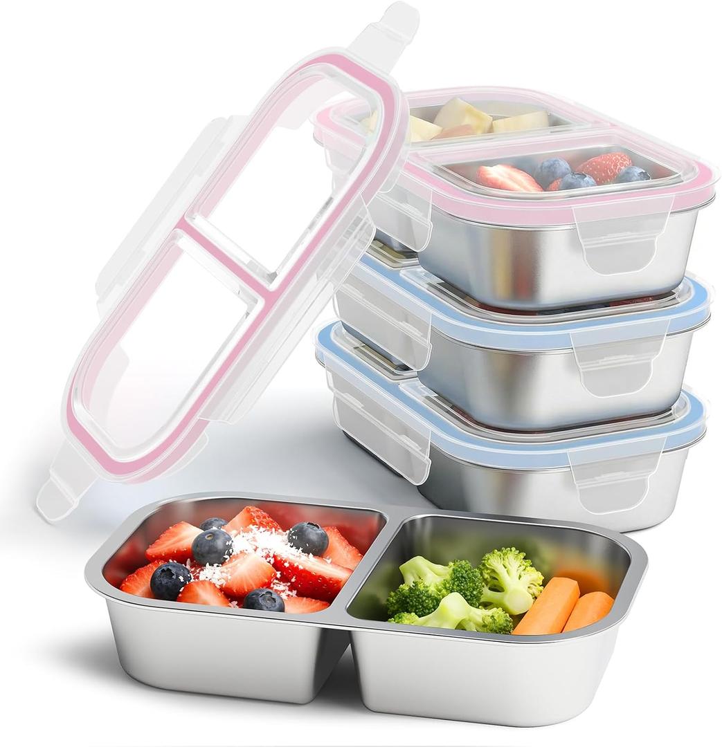 4 Pack Stainless Steel Snack Containers, 2 Compartment Reusable Metal Snack Boxes Containers with Leak-Proof Lids, Compact Lunch Box Food Storage Container, 7.08*4.17*1.96in