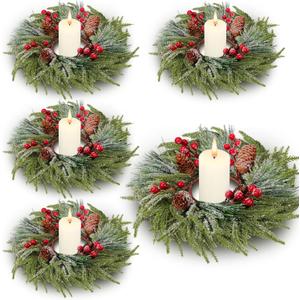 Suncalla 4 Pcs Christmas Candle Rings Wreath Decorations Artificial Red Color Berry Garland Wreaths Pine Garland Norfolk Pine Holder Pillars for Kitchen Cabinet Xmas Home Table Decor (Cute)