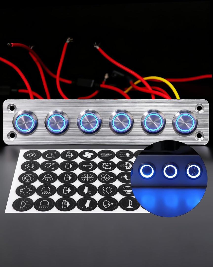 IZTOSS 6 Gang Aluminum Marine Rocker Switch Panel - Pre-Wired with Blue LED Indicator, 12-24 V Multi-Function Rocker Switch - Ideal for Marine motorhomes, Yachts
