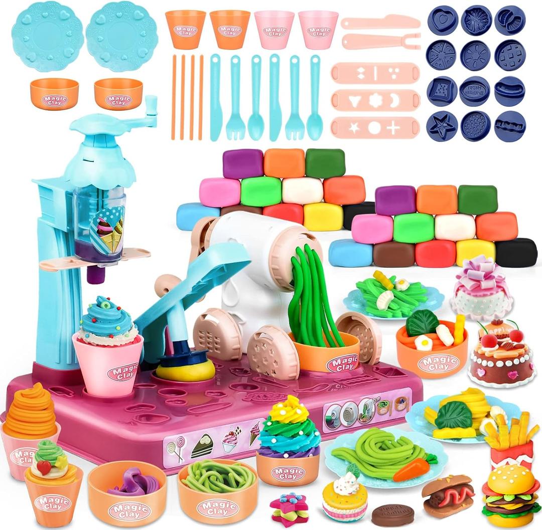 Playdough Sets for Kids Ages 4-8, 3 In1 Playdough Ice Cream 72 Pcs Toddlers' Play Kitchen Set Play Dough for Creations Making Noodle/Ice Cream/Cooking/Play Food (24 Pcs Dough Includes