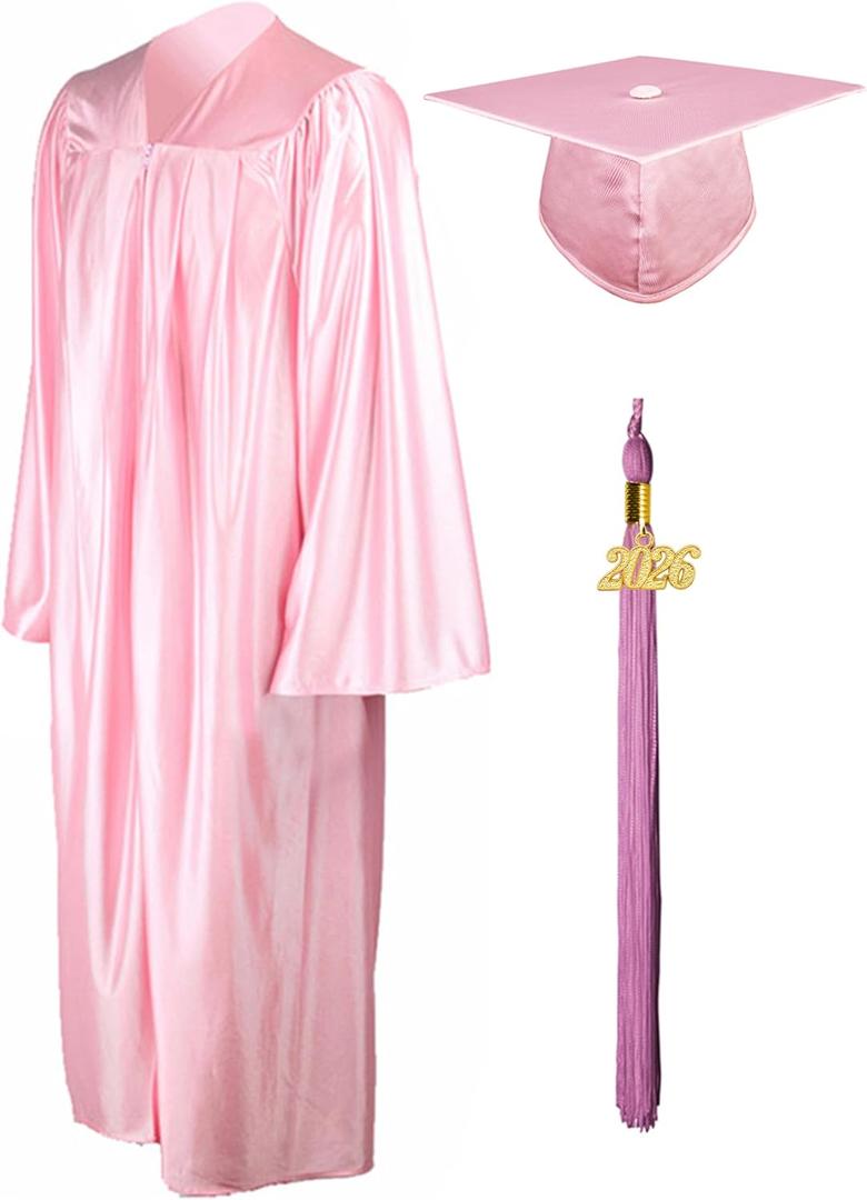 GraduationMall Shiny Graduation Cap and Gown with 2026 Tassel for High School and Bachelor (Pink)