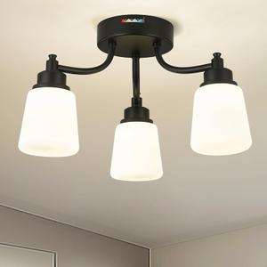 kudos 3-Light Black Ceiling Light Fixture, 18-inch Mid Century Ceiling Light with Milk Glass Shade, 24W/1300lm LED Lights for Bedroom, Hallway, Living Room, KDCL16-BK-3