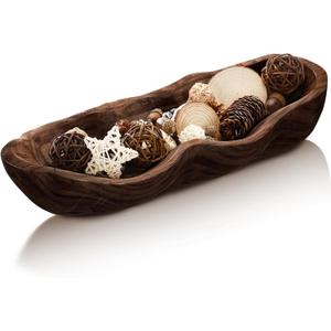 Nuogo 1 Pack 16 Inch Wavy Live Edge Dough Bowl Large Size Wood Rustic Dough Bowl Decorative for DIY Farmhouse Home Supplies Kitchen Decoration(Dark Color) (Brown)