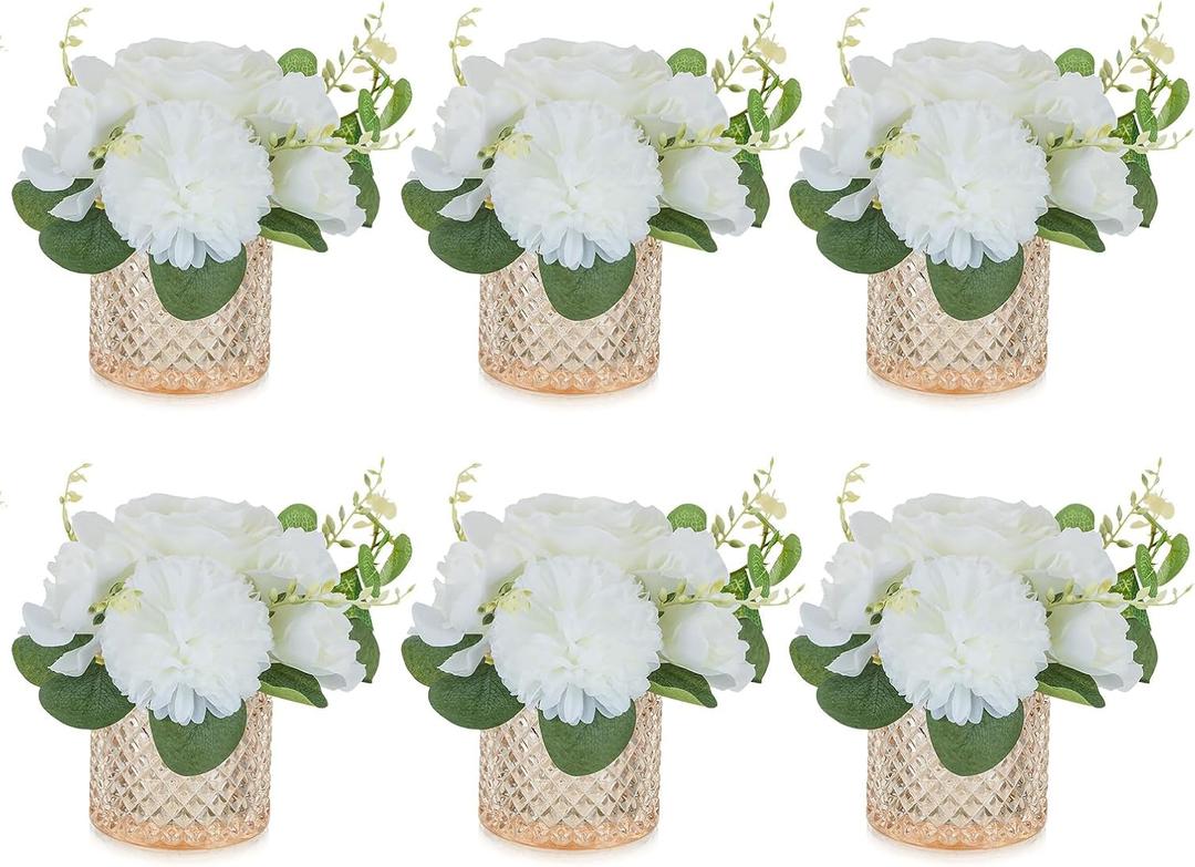 NUPTIO Small Fake Flower in Vase: 6 Pcs Silk Artificial Flowers with Champagne Pink Glass Vase for Living Room Bathroom Office - Faux Rose Mums Floral Arrangement Wedding Dining Table Centerpiece