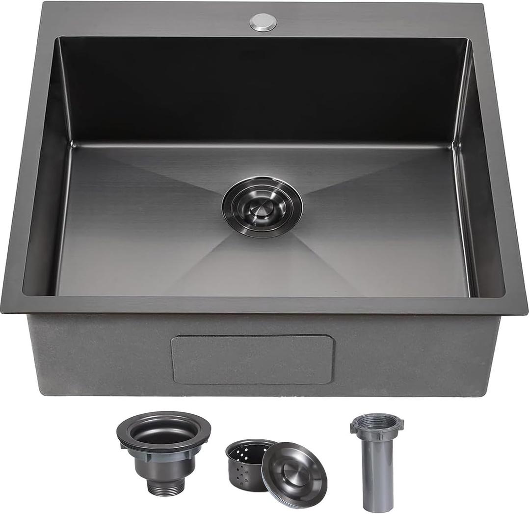 Friho 25x22 Inch Black Drop In Kitchen Sink, Stainless Steel Square RV Laundry Utility Sink, 25 Inch Topmount Deep Small Single Bowl Kitchen Sink, 25"x22"x9"
