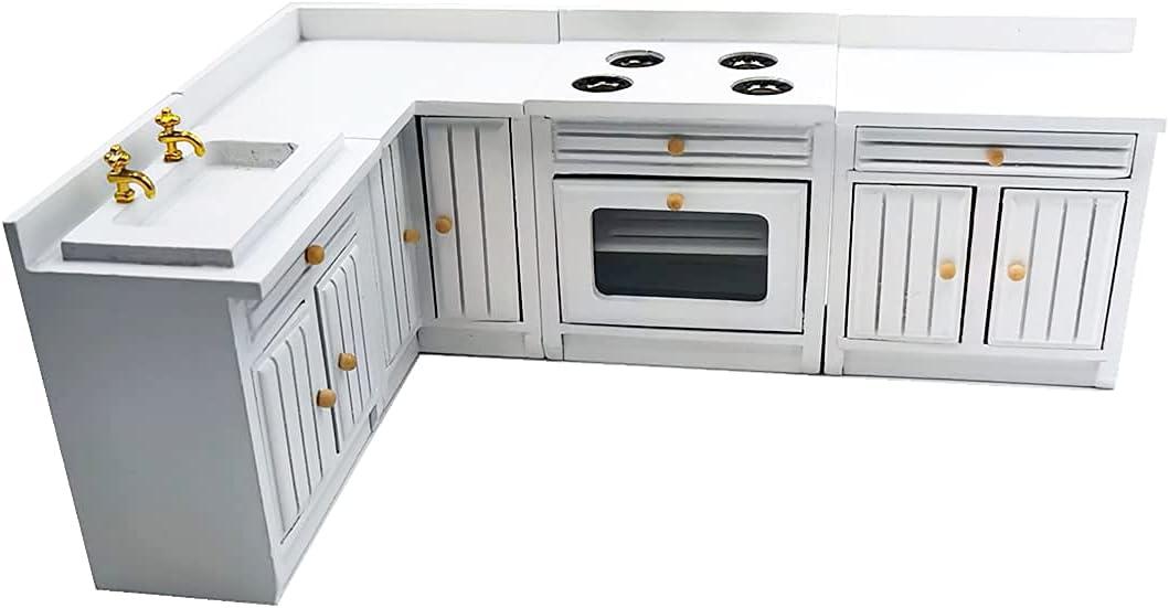 Dollhouse Decoration Accessories,1:12 Dollhouse Miniature Furniture Wooden Kitchen Cabinet Set Freely Combined (White)