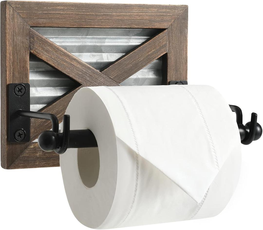 Farmhouse Toilet Paper Holder with Galvanized Metal& Black Metal - Rustic Warm Brown Wood Wall Mount Toilet Roll Holder for Bathroom Decor