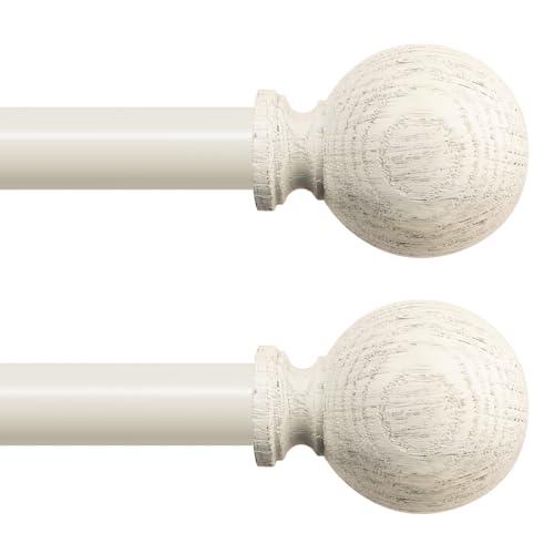 White Wood Curtain Rods for Windows:Farmhouse Boho Rrustic Wooden Curtain Rod Living Room Bedroom,Decorative Adjustable Antique White Drapery Rods Faux Wood Grain Vintage Distressed,Size:18-45",2 Pack