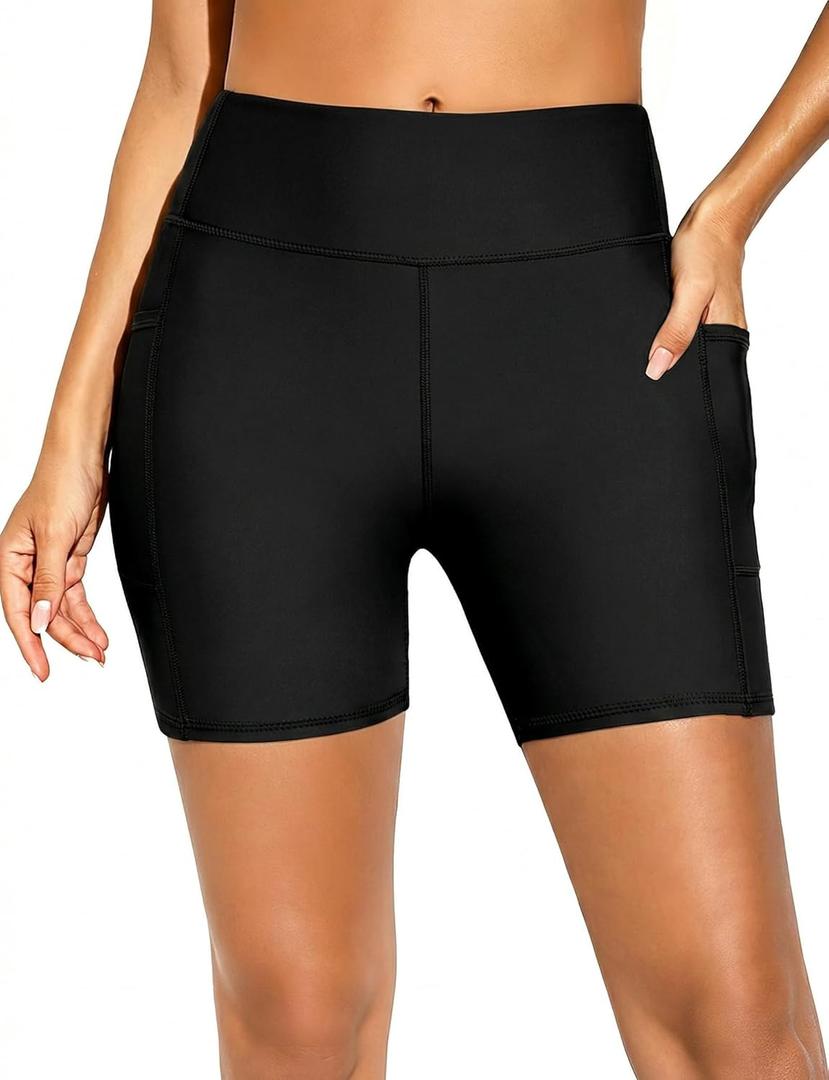 Buauty Womens High Waisted Swim Board Shorts 3" with Pockets Swimsuit Bottoms Liner Quick Dry UPF50+ (Large, Black)