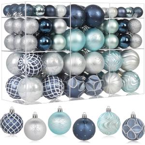 100pcs Blue and Silver Christmas Ornaments Set for Tree, Shatterproof Plastic Christmas Ball Ornaments Luxury Hand-Painted Xmas Decorations Indoor & Outdoor for Holiday Wedding Party (Blue & Silver)