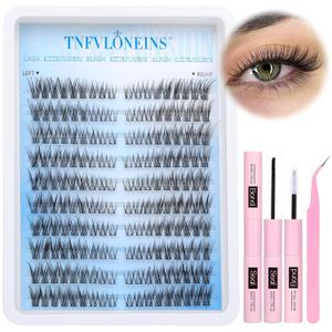 TNFVLONEINS Wispy Lash Extension Kit Left & Right Eyelash Extension Kit Natural Lash Clusters Kit 180Pcs Cluster Eyelash Extensions Kit C Curl Individual Lashes with Bond and Seal and Tweezers