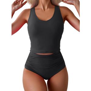 Eomenie Two Piece Tankini Swimsuits for Women Tummy Control Bathing Suits Cutout Back Swim Tank Top with High Waisted Bottom Medium