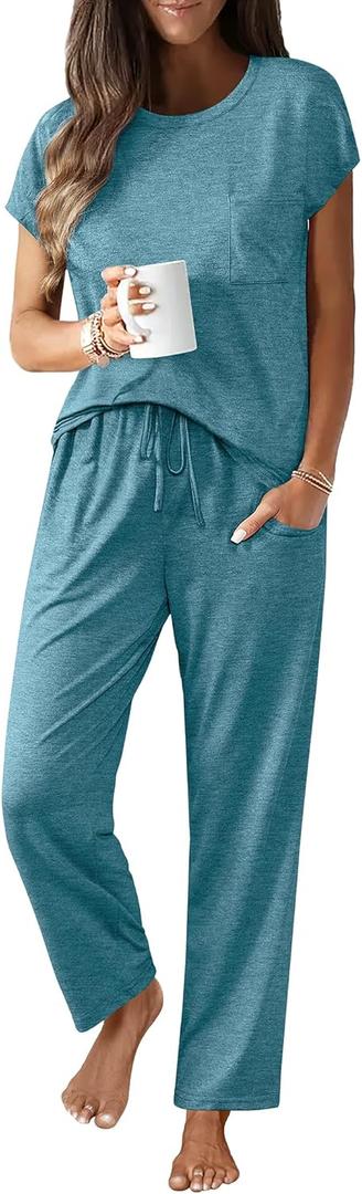 Ekouaer Womens Pajama Sets Cap Sleeve Sleepwear Tops and Long Pants Comfy Pjs 2 Piece Lounge Set with Pockets S-XXL (Large, Blue Green)