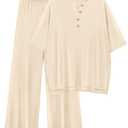 PRETTYGARDEN 2 Piece Lounge Sets for Women Summer 2025 Short Sleeve Tops Wide Leg Pants Matching Travel Outfits Clothing (Beige,Small)