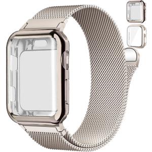 Magnetic Band and Case for Apple Watch Band Women/Men,Stainless Steel Milanese Loop Bracelet Strap with Cover Combo iWatch, 45mm- series 9 8 7, 03-Starlight