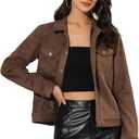 Allegra K Women's Turn-Down Collar Flap Pockets Snap Button Faux Suede Jacket (Large, Brown)