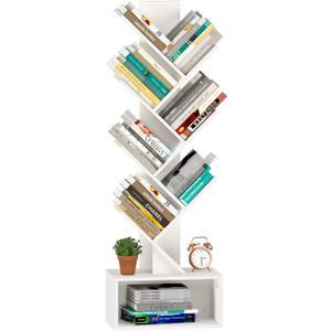 Yoobure Tree Bookcase 6 Shelves Retro Standing Wooden CD Movie Book Bookcase Utility Shelves for Bedroom, Living Room, Home Office, White