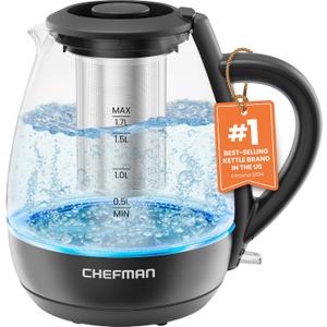 Chefman Electric Kettle with Tea Infuser, 1.7L 1500W, Removable Lid for Easy Cleaning, Boil-Dry Protection, Stainless Steel Filter, BPA Free, Auto Shut Off Hot Water Boiler, Glass Electric Tea Kettle