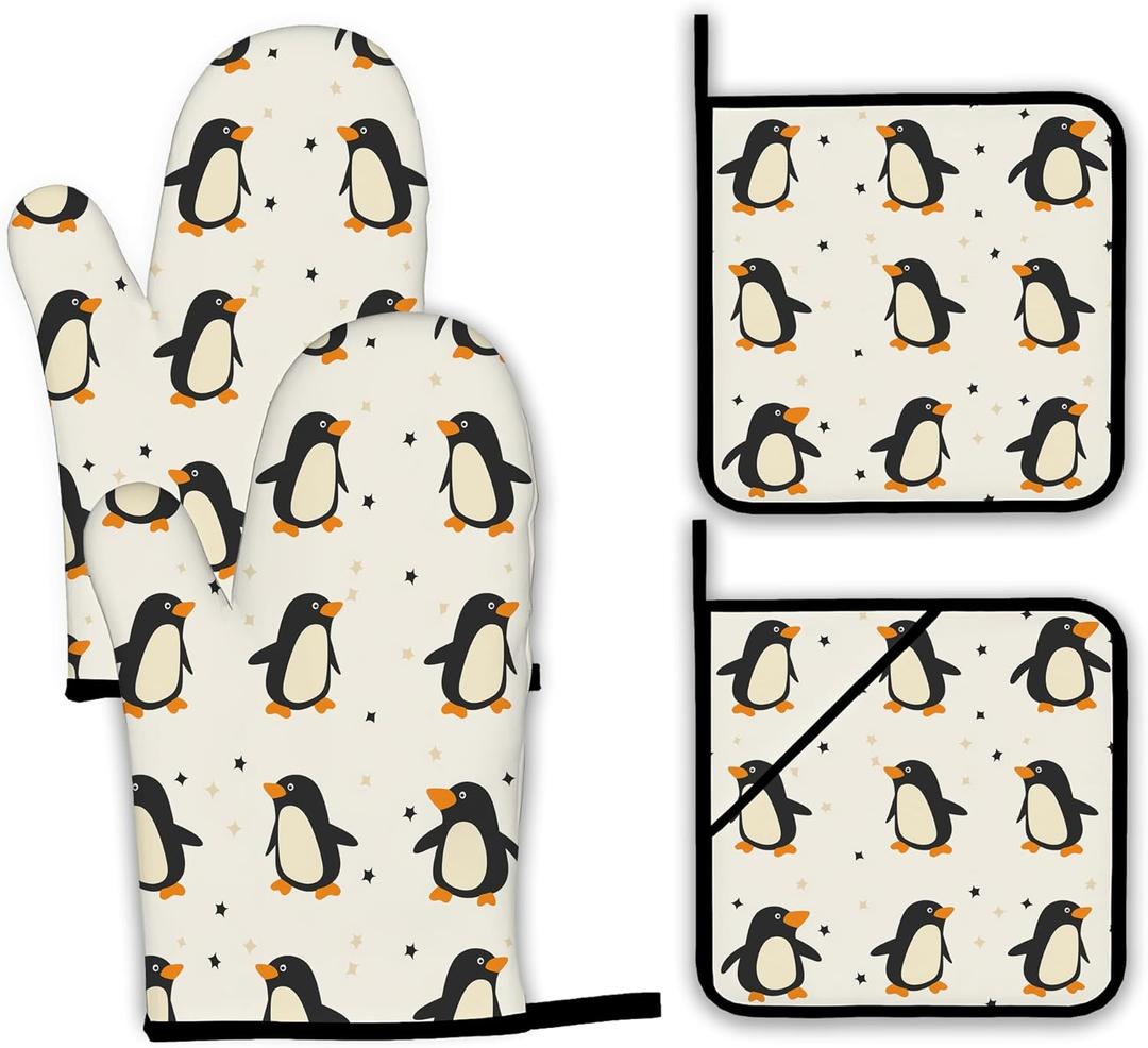 Cute Penguin Oven Mitts and Pot Holders Set,Kitchen Decor Heat Resistant Non Slip Hot Pads and Oven Mitt for Chef Cooking Baking BBQ Mom Girl Gifts(4 Piece Set)