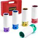 1/2" Drive 5pc Impact Lug Nut Socket Set, Metric 15-17-19-21-22 mm, Thin Wall with Colored Covers, Wheel Lug Nuts Socket with Protective Sleeve and Insert Prevent Damage to Rims (Red