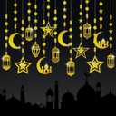 16pcs Ramadan Decorations Gold Star Moon Lantern Garland Pre-Assembled Shining Hanging Ramadan Mubarak Eid Decorations Banner Streamer for Eid Mubarak Decor Home Party Supplies