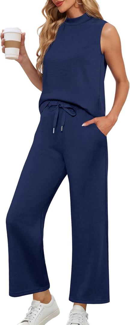 Lepunuo Two Piece Sets for Women Summer Mock Neck Sleeveless Top Crop Wide Leg Pants Lounge Sets Vacation Travel Outfits (Medium, A- Navy Blue)