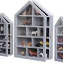 Set of 3 Wooden Trinket Display Shelf Shadow Box with Shelves 10 x 15 Inch Large Wall Mounted Display Storage Mini Figures Curio Trinket Medals Crafts Collections(Gray,House Shape) (Grey)