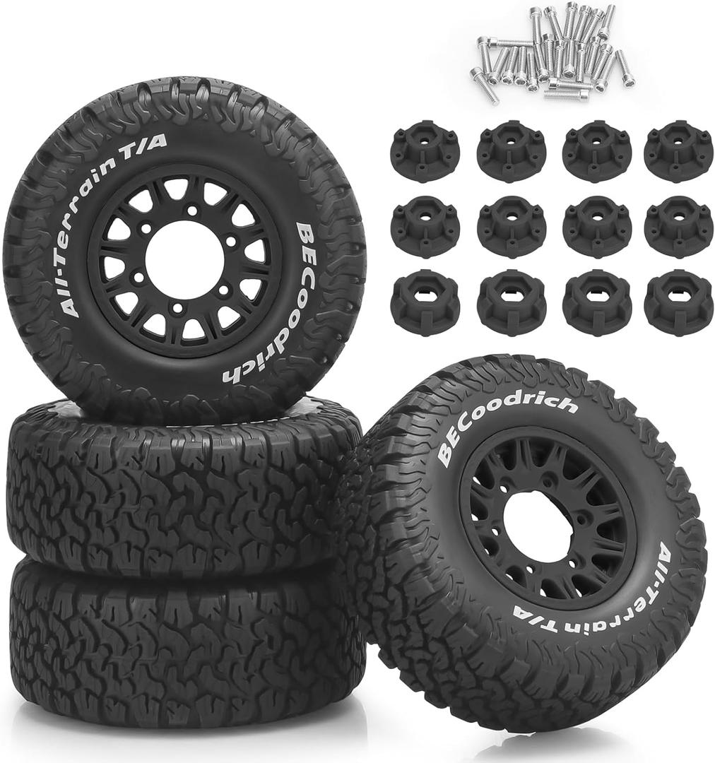 1/10 RC Short Course Truck Tires and Wheels, daitoku RC Car Tires with 12mm 14mm 17mm Hex for 1/10 Slash 2WD 44 Arrma Senton Axial Losi Redcat Rc4wd - Style E (Black)