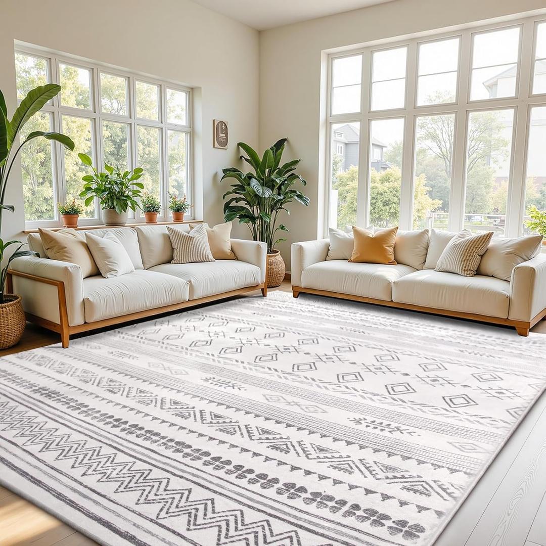 Terrug Boho Area Rug for Living Room, Grey 5'x7' Washable Rugs with Non Slip Backing for Bedroom, Soft Geomtric Stain Resistant Moroccan Carpet for Dining Room Floor Decor