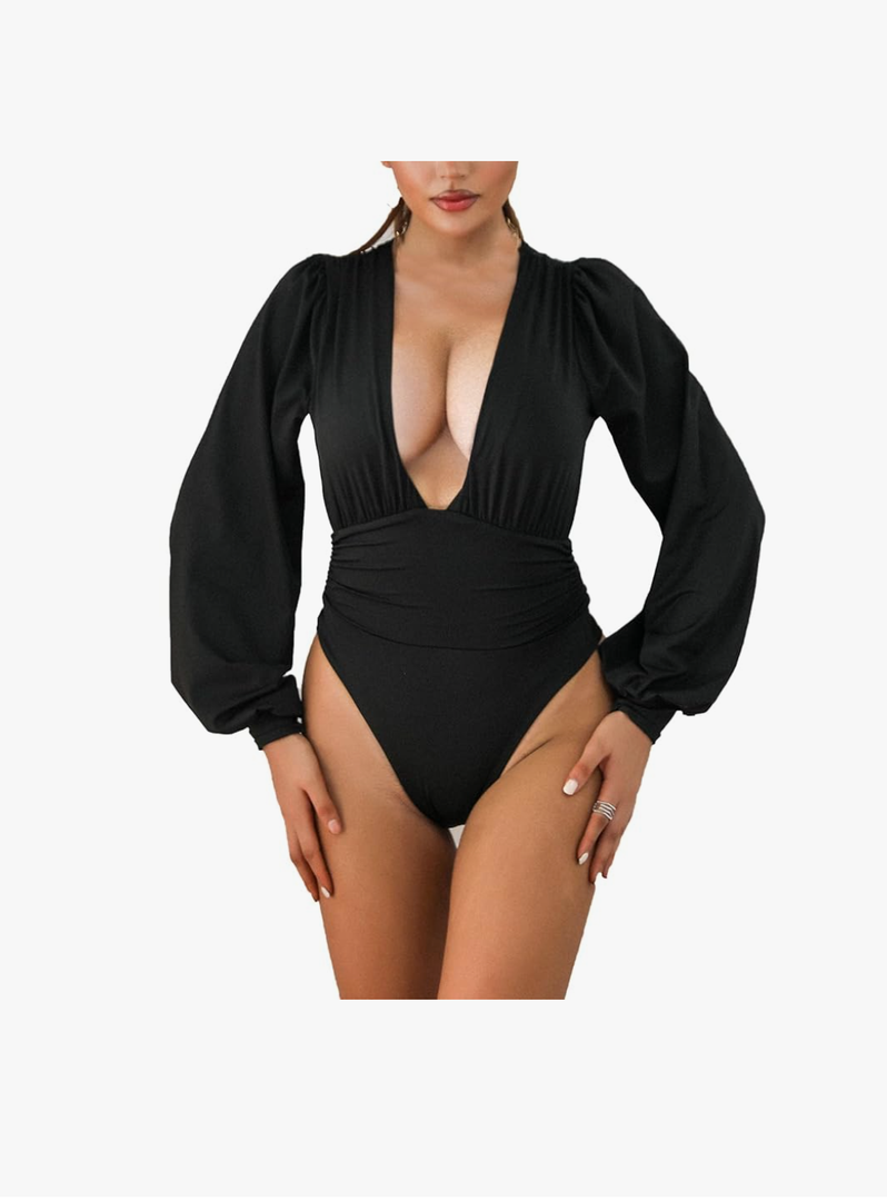 Women Jumpsuits Long Sleeve V Neck Pleated Loose Bodysuits Tops For Women Leotard Shirts, M
