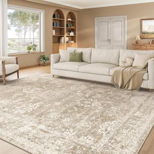Madane 8x10 Area Rugs for Living Room, Machine Washable Vintage Rug with Anti-Slip Backing, Soft Floral Print Large Rugs, Foldable Thin Area Rug for Bedroom Dining Room (8 x 10, Brown/Sand)