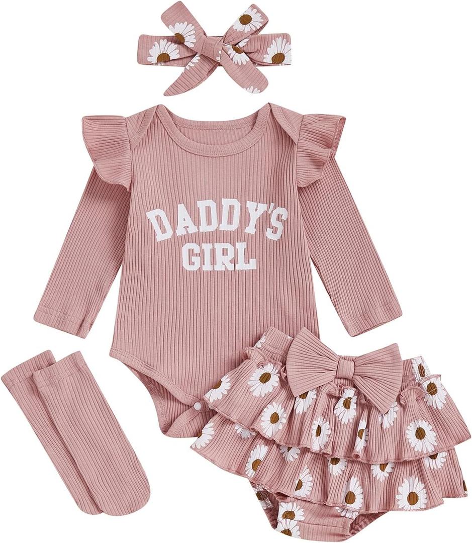 Aunties Bestie Baby Clothes Daddys Girl Newborn Short Sleeve Romper Daisy Skirt Shorts 3Pcs Set Infant Spring Outfit (Pink)