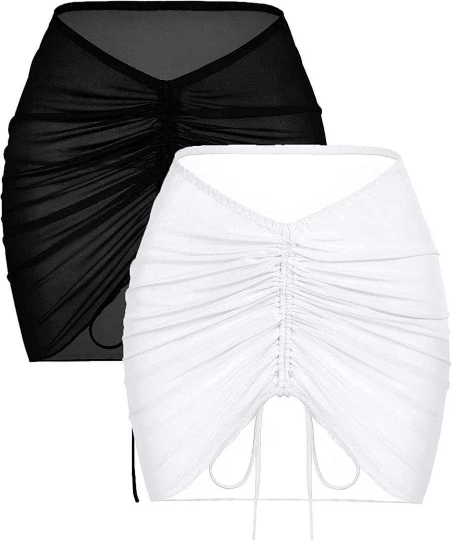 AI'MAGE 2 Pieces Women Beach Sheer Cover Ups Mesh Bikini Wrap Ruched Skirt for Swimwear S-XXL (A-black and White)