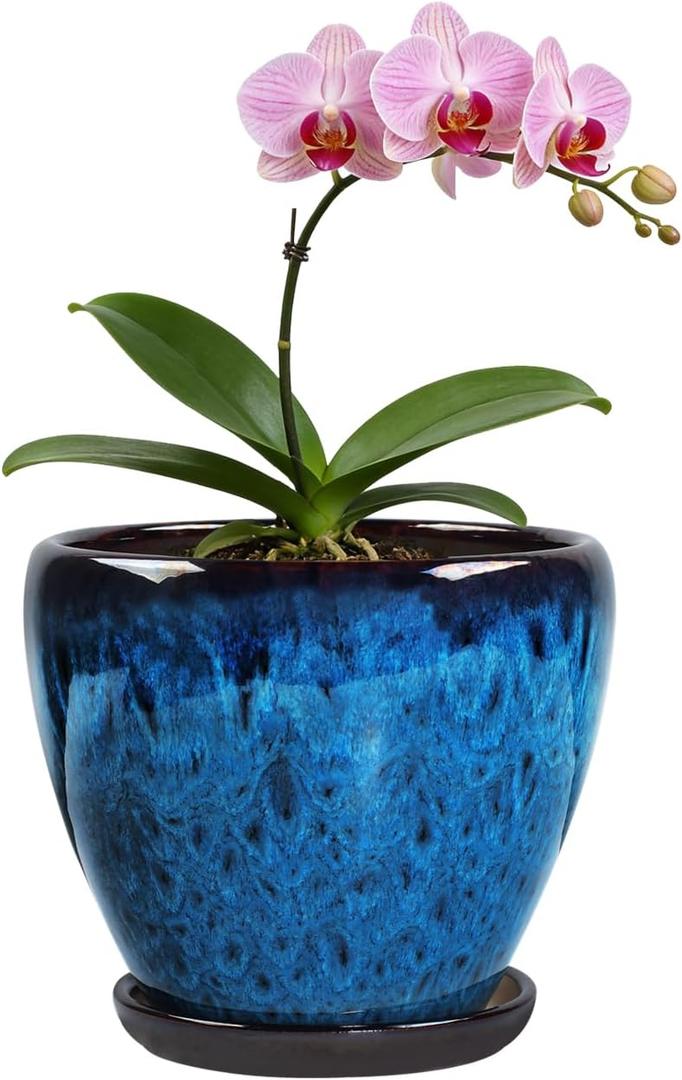 Ceramic Plant Pots with Saucer, 6 inch Glaze Planters for Indoor Plants with Drainage Holes, Decorative Small Flower Pots Outdoor, Modern Succulent Pots for Home Room Decor (Blue)