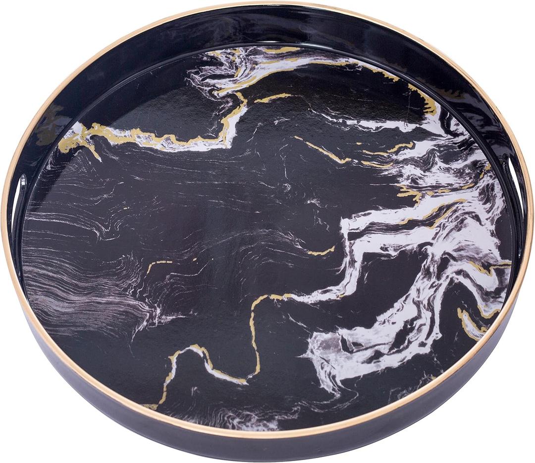MAONAME 13" Round Decorative Tray, Marbling Plastic Tray with Handles, Coffee Table Trays for Ottoman, Kitchen, Bathroom, Black