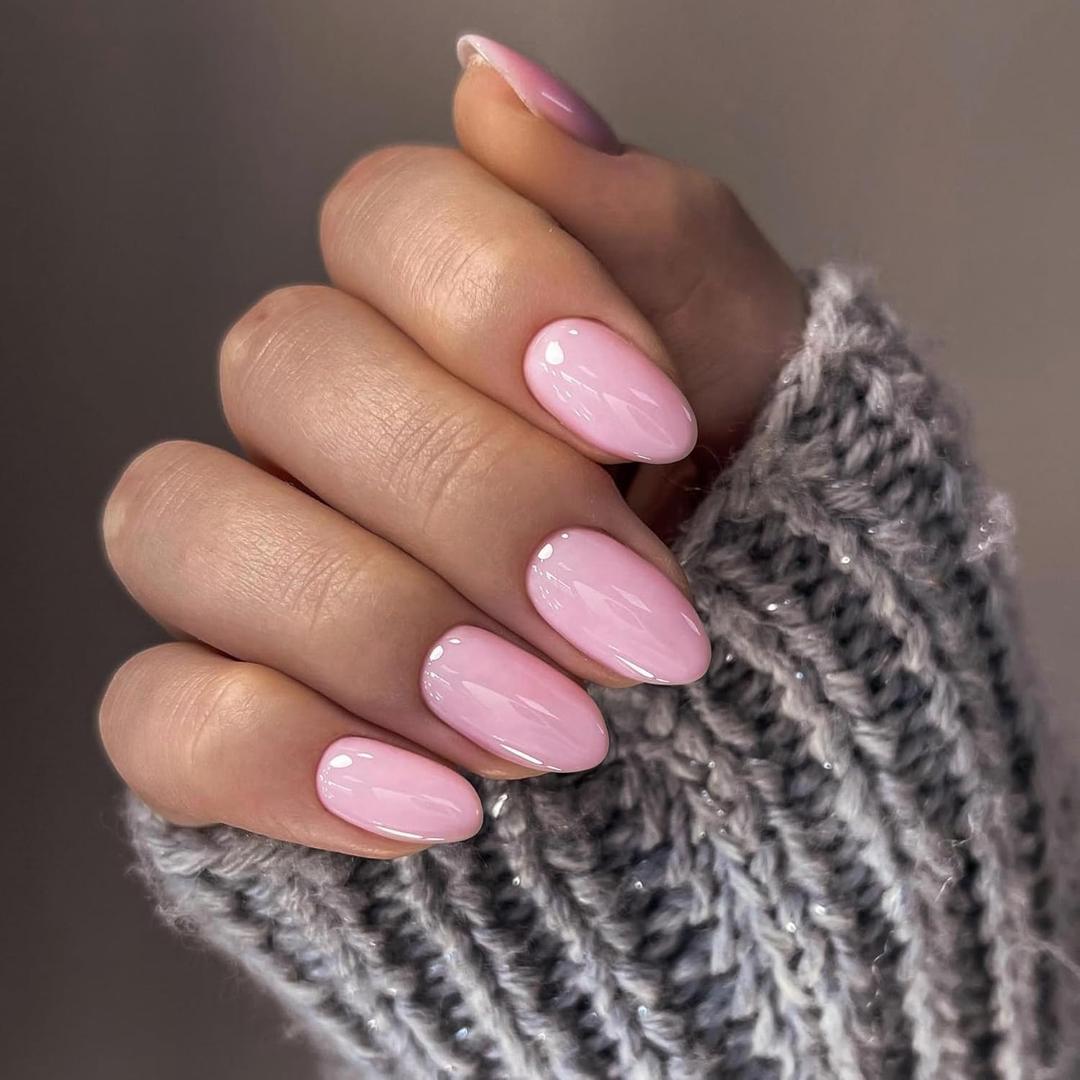 Light Pink Press on Nails Short Oval Nails, KXAMELIE Acrylic Nails Glue on Nails Short Almond, Soft Gel Nails Strong Nails Press ons, Fake Nails Stick on Nails for Women in 24PCS