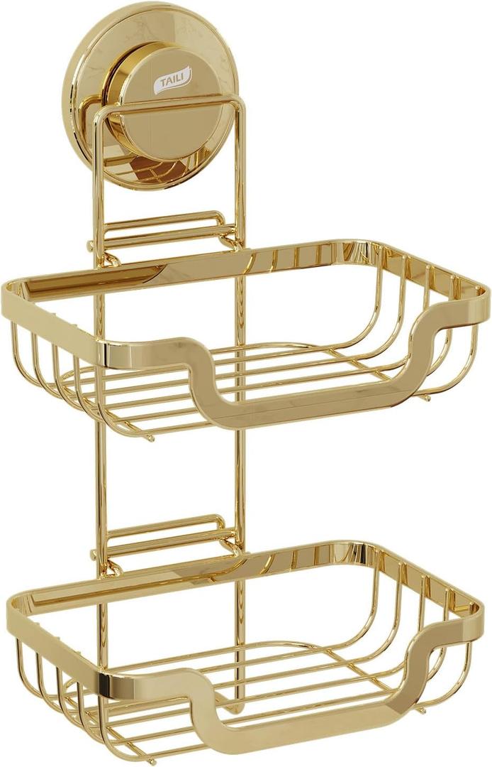TAILI Double Layer Soap Holder, Bar Soap Dish Suction Cup for Shower Wall, Draining Saver Tray for Bathroom, Rustproof Stainless Steel Sponge Holder for Tub, Kitchen, Drill-Free, Gold (5.7" * 10.1")