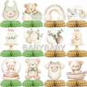 Neutral Sage Green Baby Shower Centerpieces  12 PCS Teddy Bear Honeycomb Table Decorations for Gender Neutral Boho Baby Shower Party