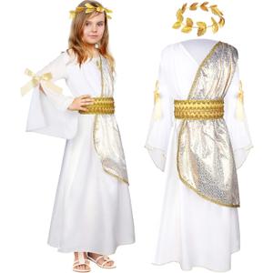 Geyoga 2 Pcs Greek Toga Costume Girls Grecian Roman Costume and Roman Crown Leaf Wreath Halloween (Kid Size, XX-Large, White Gold)