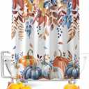 Fall Thanksgiving Shower Curtain Watercolor Autumn Pumpkins Eucalyptus Leaves Waterproof Shower Curtain with Hooks Blue Orange Shower Curtains for Bathroom, Hotel, Stalls, Bathtubs, 72x72 Inch