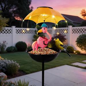 Solar Bird Feeder Frog Garden Decor, Outdoor Solar Lights with Umbrella, Hummingbird Feeder Decorative Path Lights Yard Art Ornament Bird Feeder (Flamingo)