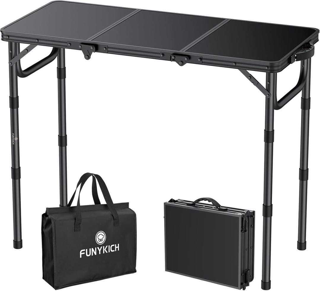 FUNYKICH 3ft Camping Folding Table with 3 Adjustable Height, Portable Small Folding Tables 34.2'' Lx15.7'' W, Lightweight Aluminum Beach Table with Carry Handle for Camping, Backyard BBQ, Picnic (Black)